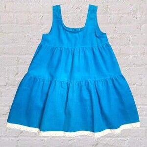 Vtg 80s Buster Brown Girl 6 Blue Corduroy Jumper Dress Lace Pinafore Sleeveless